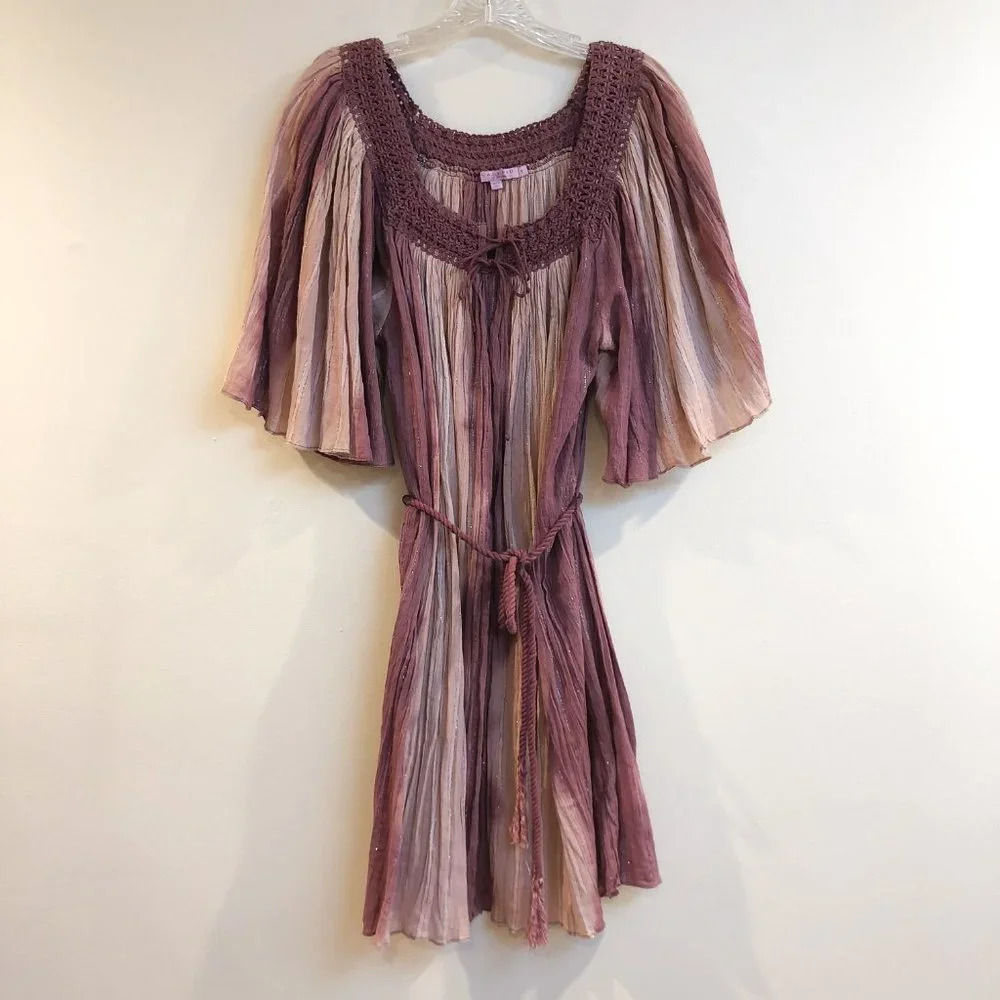 Calypso St. Barth Glittery Striped Flowy Sleeve Crochet Tie Waist Mini Dress 1 - Picture 4 of 14